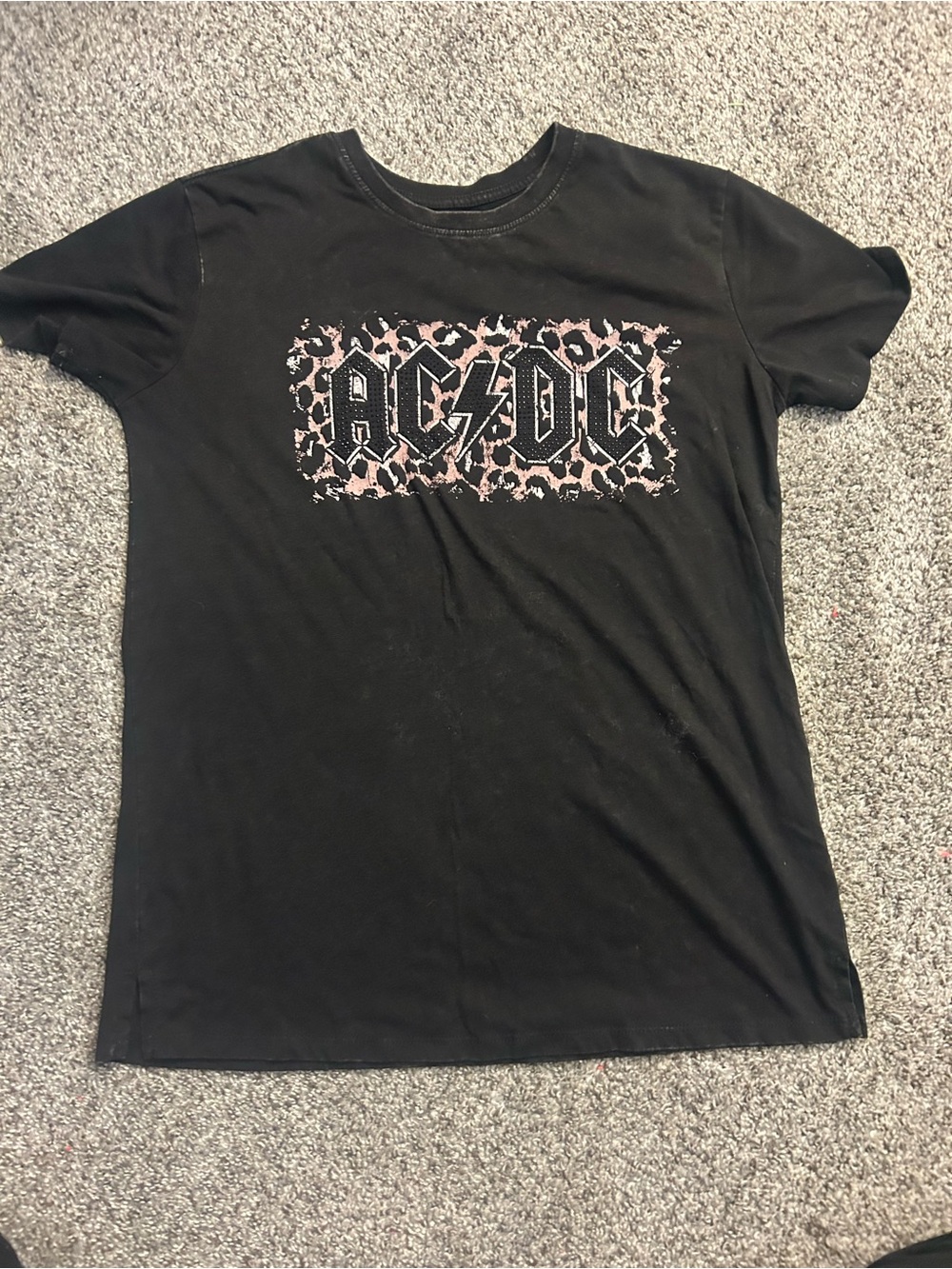 AC/DC Black Tee with Pale Pink Leopard Accent